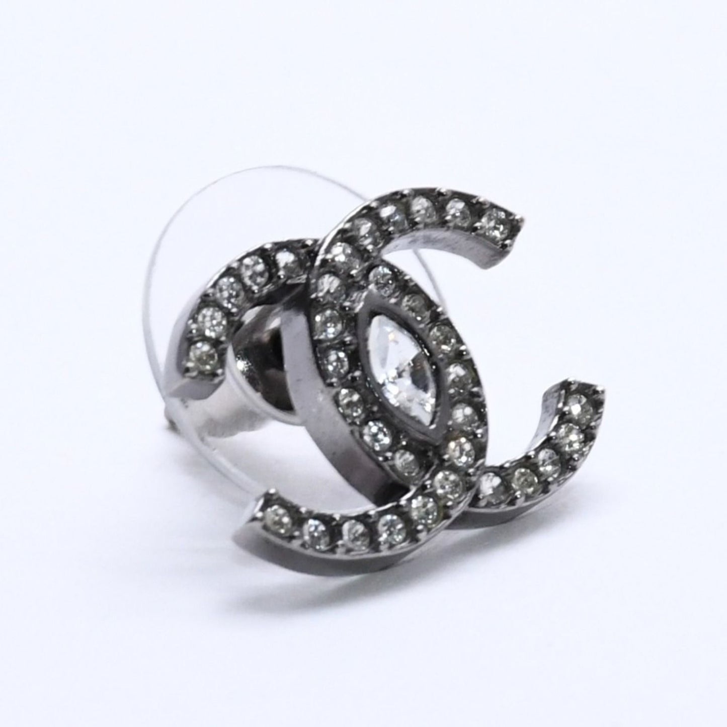 Chanel CC Logo Earrings 21 Rhinestone Metal Gunmetal Clear — view 3