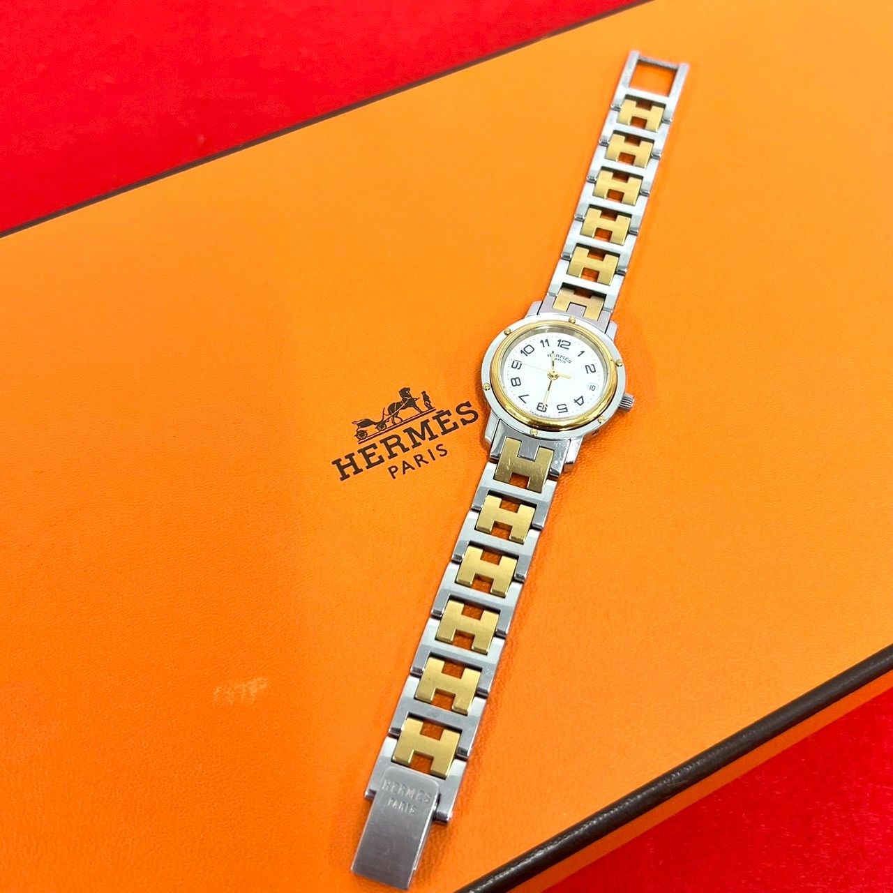 Hermes Vintage Clipper Stainless Steel Quartz Watch Silver Gold