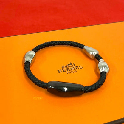Hermes Wave Bracelet Leather Black Silver