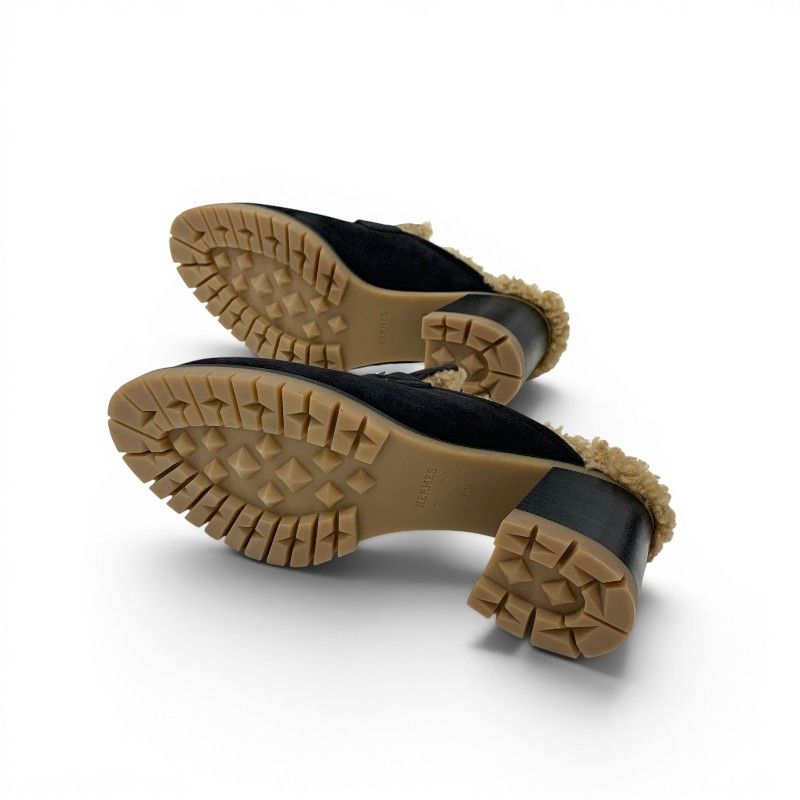Hermes Flor 60 Sandals Shoes Suede Shearling Black Brown Silver Constance Mules — view 6