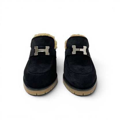 Hermes Flor 60 Sandals Shoes Suede Shearling Black Brown Silver Constance Mules — view 3