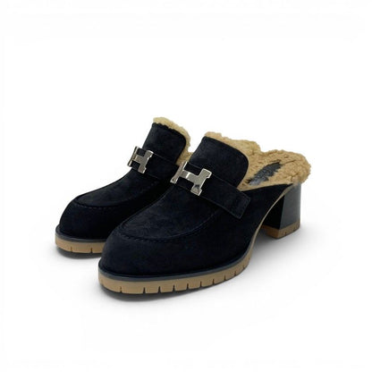 Hermes Flor 60 Sandals Shoes Suede Shearling Black Brown Silver Constance Mules