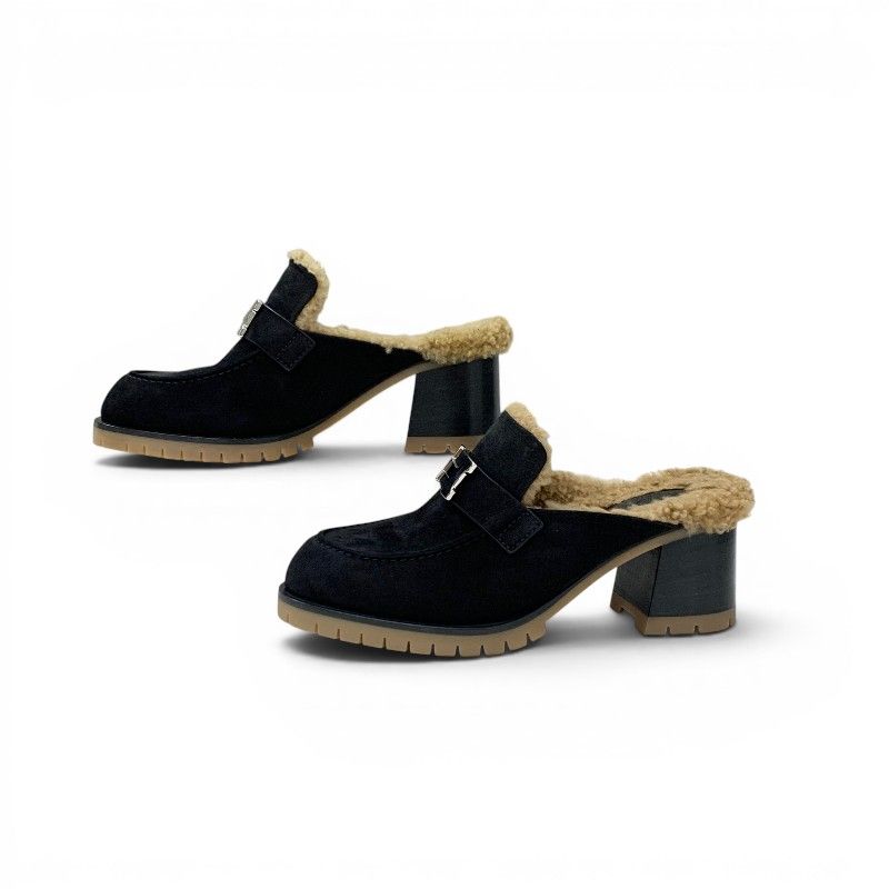 Hermes Flor 60 Sandals Shoes Suede Shearling Black Brown Silver Constance Mules — view 2