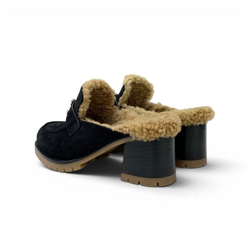 Hermes Flor 60 Sandals Shoes Suede Shearling Black Brown Silver Constance Mules — view 4