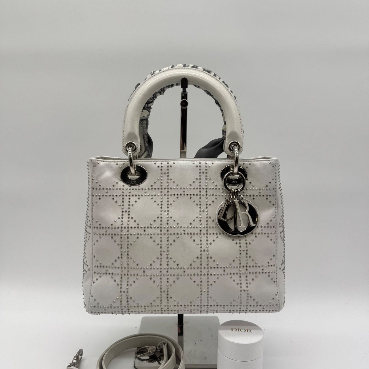 Dior Limited Model Lady Shoulder Bag Studs 2-Way Scarf White Leather