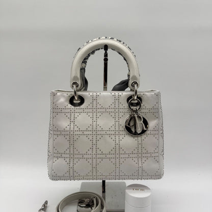 Dior Limited Model Lady Shoulder Bag Studs 2-Way Scarf White Leather
