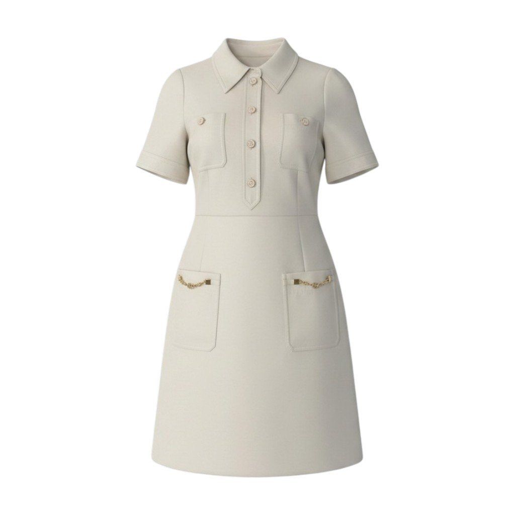 Gucci Double Chain Short Sleeve Polo Dress 40 Ivory