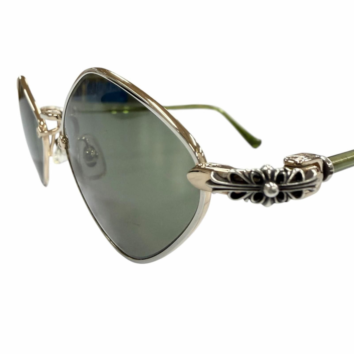 Chrome Hearts Diamond Dog 925 Floral Cross Sunglasses Gold Clear Green 50