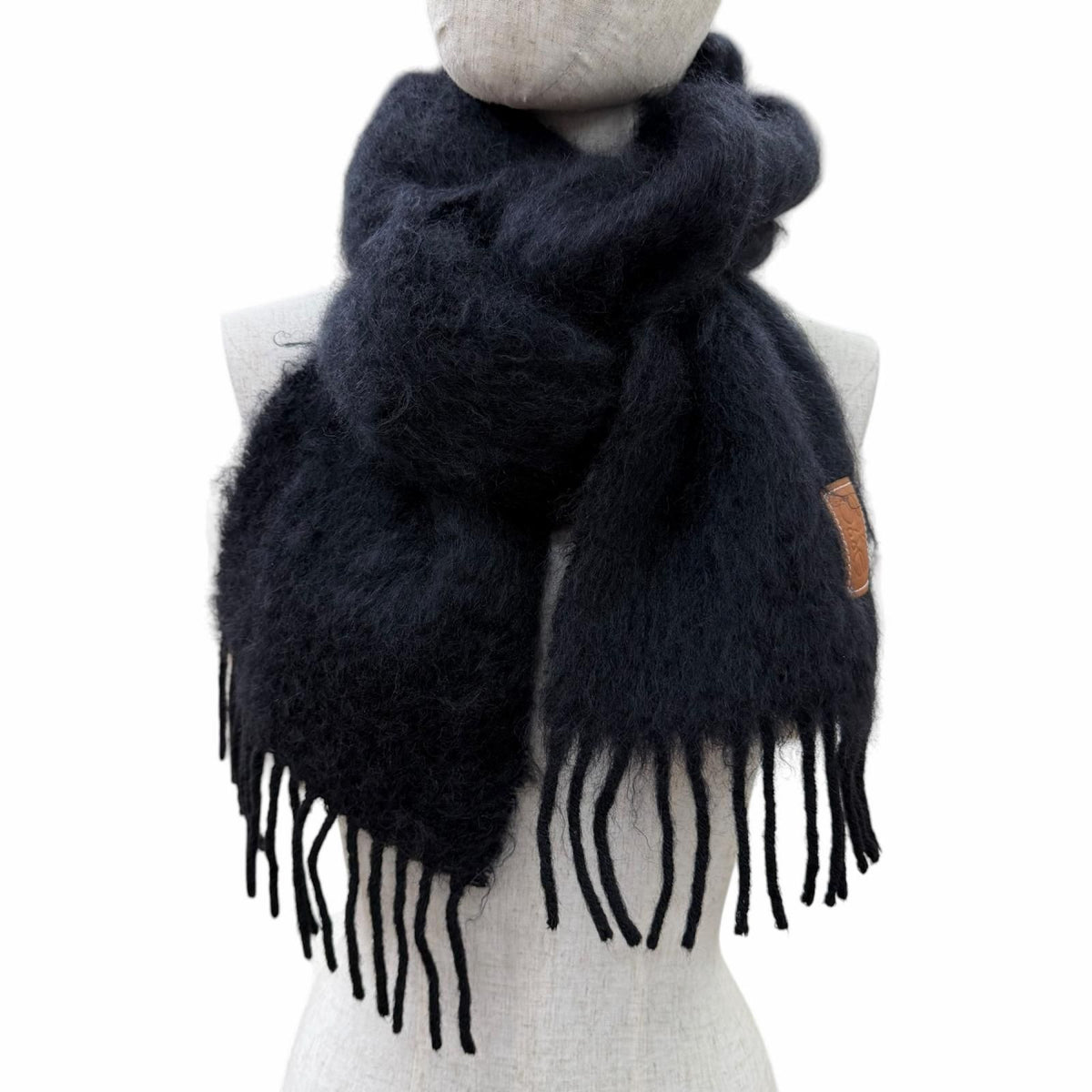 Loewe Mohair Wool Anag Lambskin Patch Fringe Scarf Black — view 3
