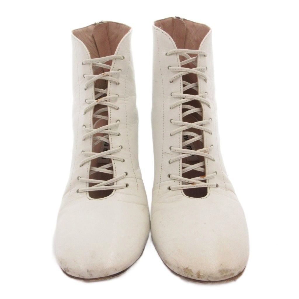 Miu Miu Short Boots Lace Up Chunky Heel Leather White 35 — view 4