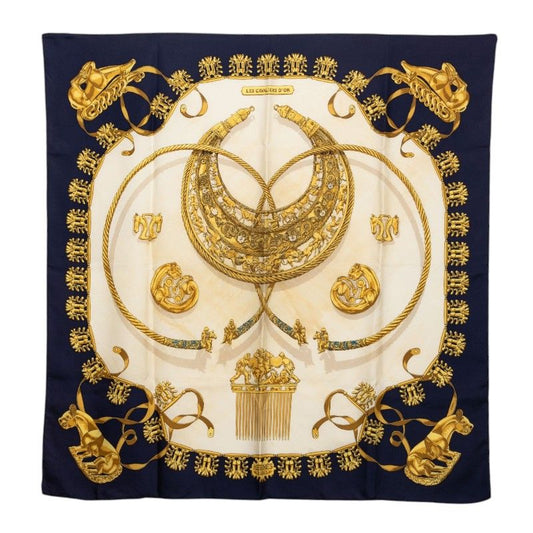 Hermes Carre 90 Yellow Gold Knight Les Cavaliers D'or Scarf White Navy Silk