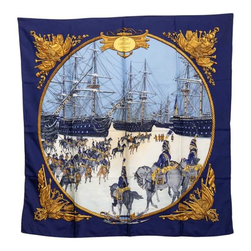Hermes Carre 90 Marine Et Cavalerie Sea And Cavalry Scarf Large Blue Silk