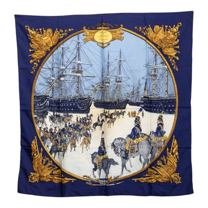 Hermes Carre 90 Marine Et Cavalerie Sea And Cavalry Scarf Large Blue Silk