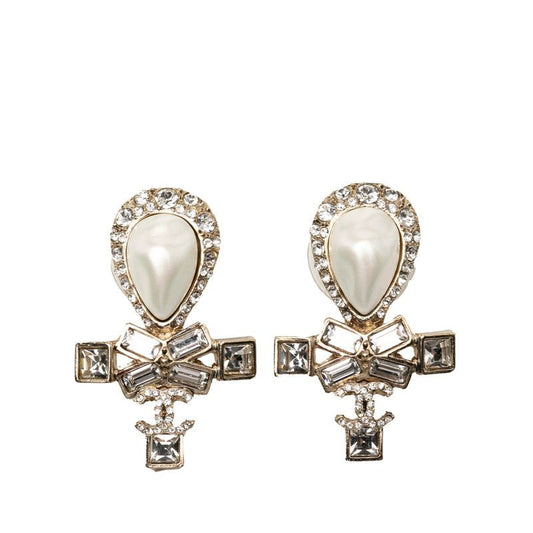 Chanel CC Logo Vintage Stud Earrings Silver Faux Pearl Plated Rhinestone