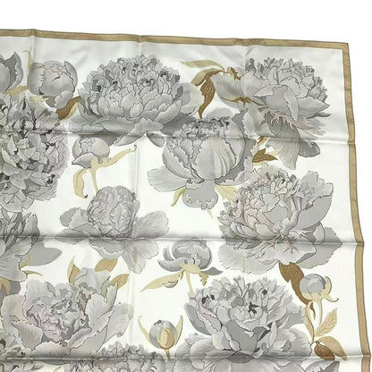 Hermes Scarf Carre 90 Les Pivoines Paeonia Silk White Beige — view 3