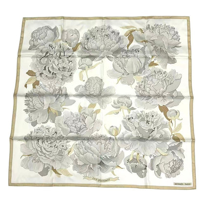 Hermes Scarf Carre 90 Les Pivoines Paeonia Silk White Beige
