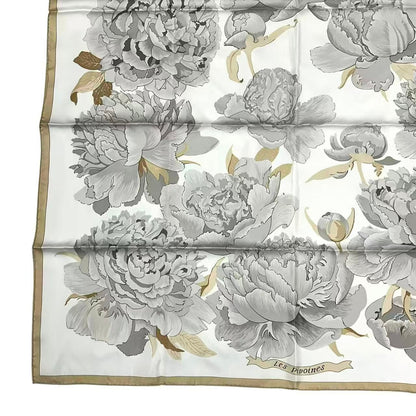 Hermes Scarf Carre 90 Les Pivoines Paeonia Silk White Beige — view 4