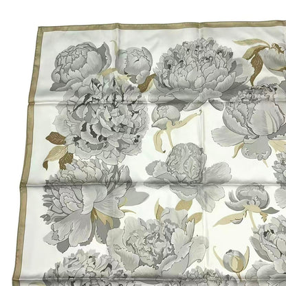 Hermes Scarf Carre 90 Les Pivoines Paeonia Silk White Beige — view 2