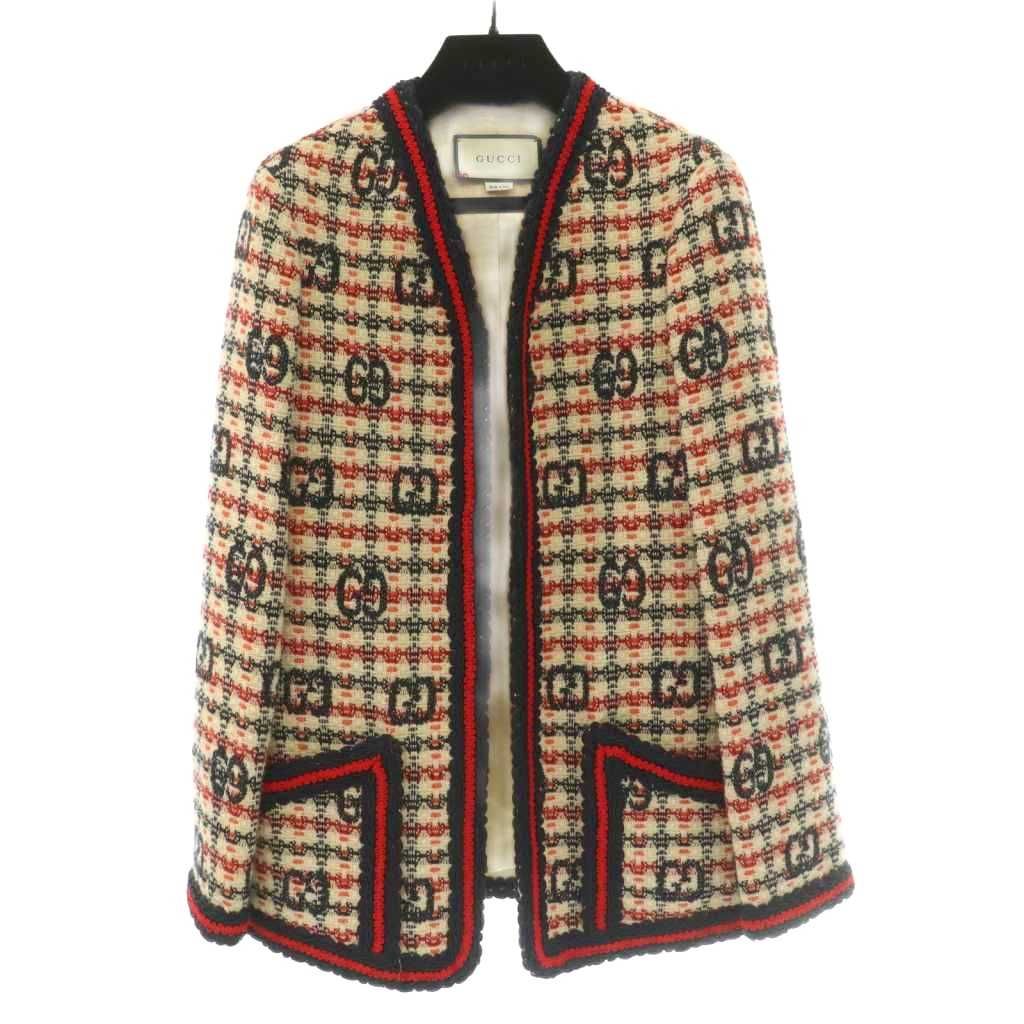 Gucci Zadeh Color Jacket Tweed Interlocking GG Logo Embroidery Open Front