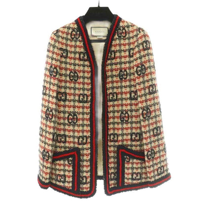 Gucci Zadeh Color Jacket Tweed Interlocking GG Logo Embroidery Open Front