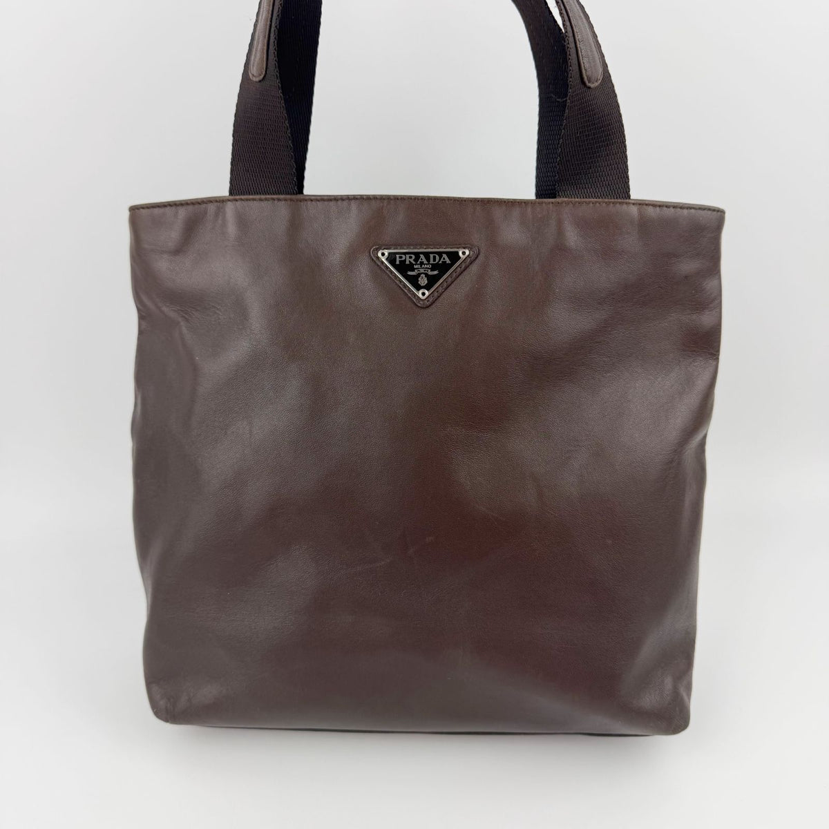 Prada Triangle Logo Tote Bag Leather Brown Vintage — view 3