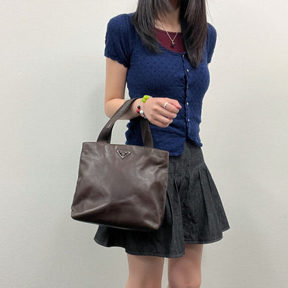 Prada Triangle Logo Tote Bag Leather Brown Vintage — view 2