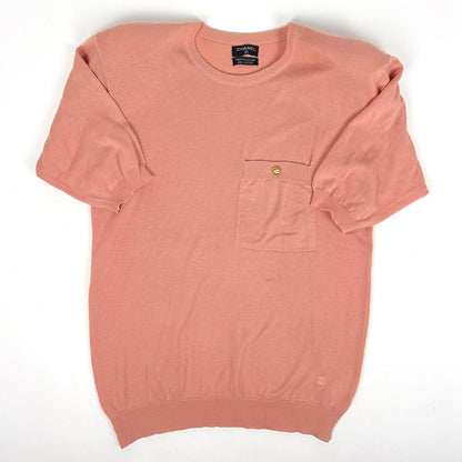 Chanel CC Logo Button Ensemble Knit Top Cotton Salmon Pink — view 5