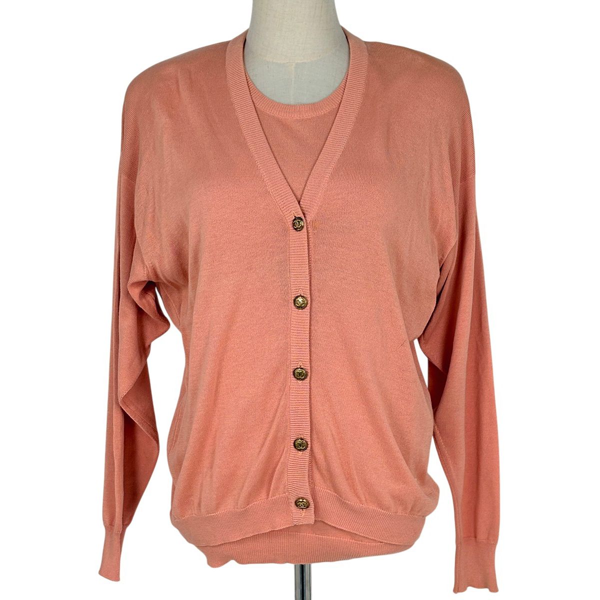 Chanel CC Logo Button Ensemble Knit Top Cotton Salmon Pink