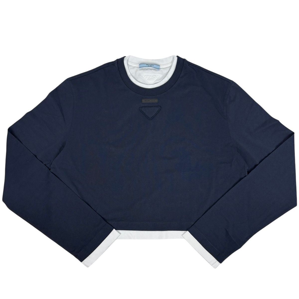 Prada Triangle Logo Long Sleeve T-Shirt Layered Top Cotton Navy White