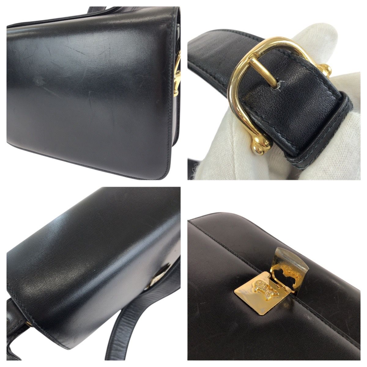 Celine Vintage Horse Carriage Black Gold Leather Shoulder Bag — view 6