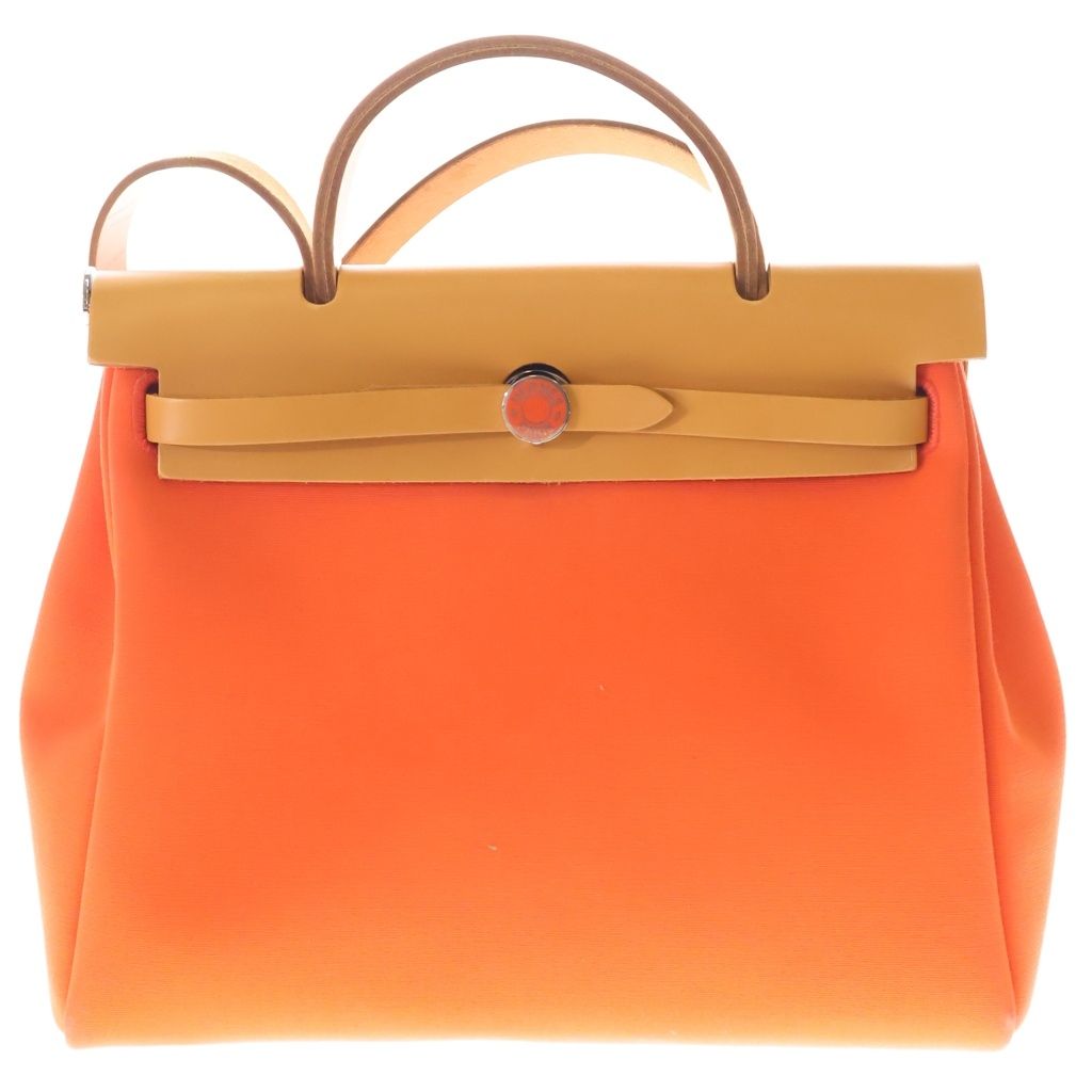 Hermes Herbag Zip PM 2-Way Shoulder Bag Orange Gold Canvas Leather Silver