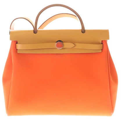 Hermes Herbag Zip PM 2-Way Shoulder Bag Orange Gold Canvas Leather Silver