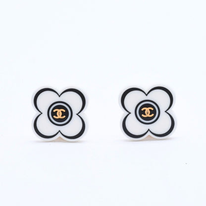 Chanel 02P CC Logo Earrings 02 Flower Motif Camellia White Black Resin