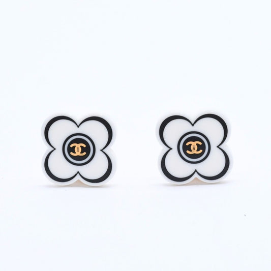 Chanel 02P CC Logo Earrings 02 Flower Motif Camellia White Black Resin