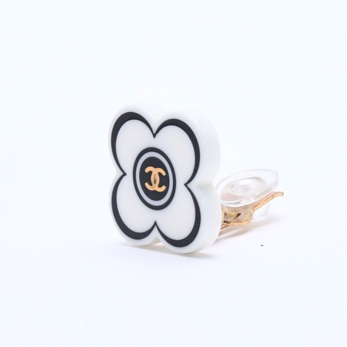 Chanel 02P CC Logo Earrings 02 Flower Motif Camellia White Black Resin — view 2
