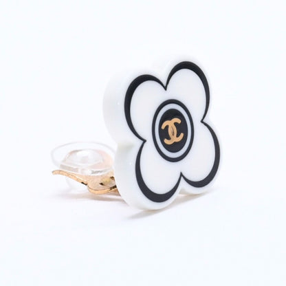 Chanel 02P CC Logo Earrings 02 Flower Motif Camellia White Black Resin — view 4
