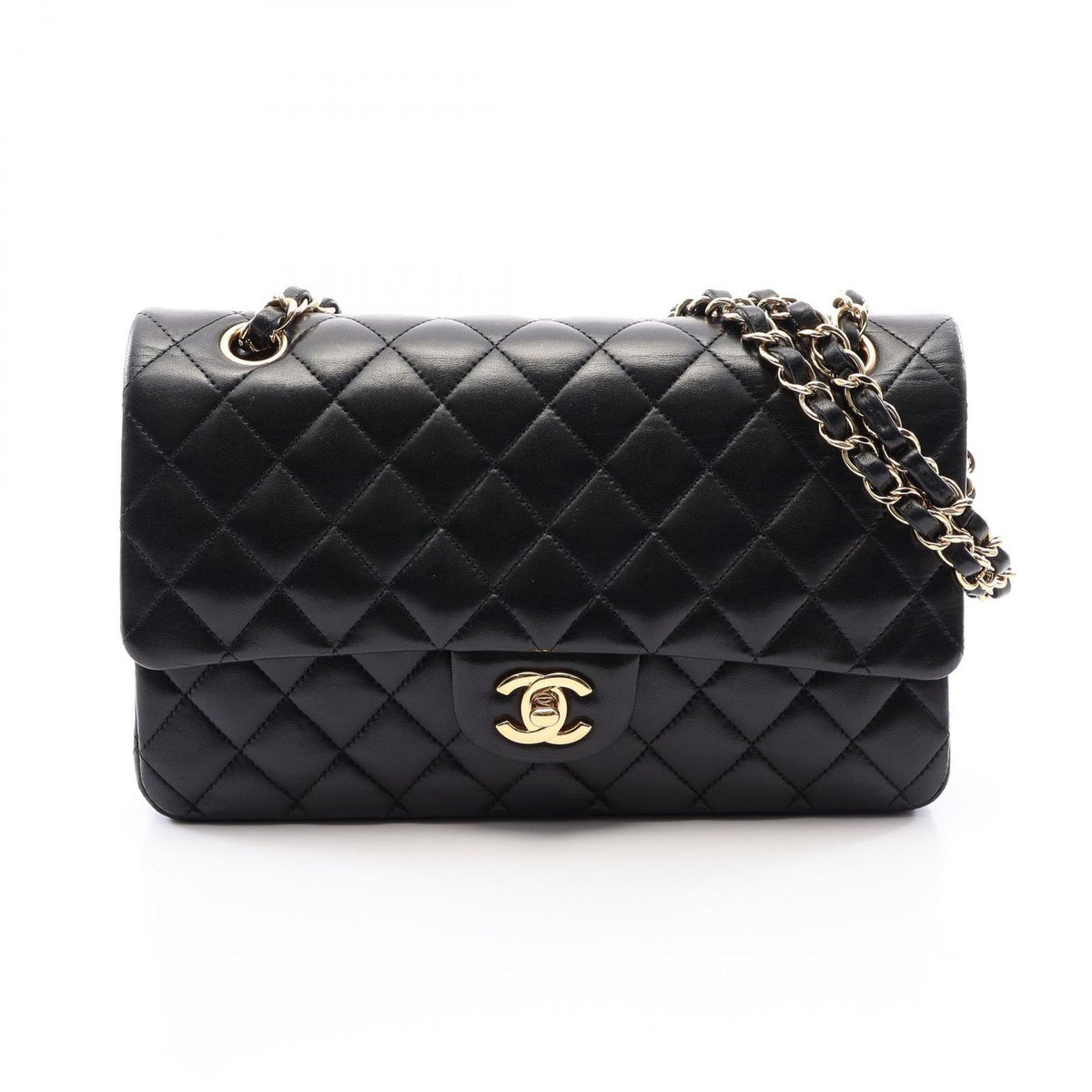 Chanel Shoulder Bag Quilted Double Flap Black Lambskin Chain