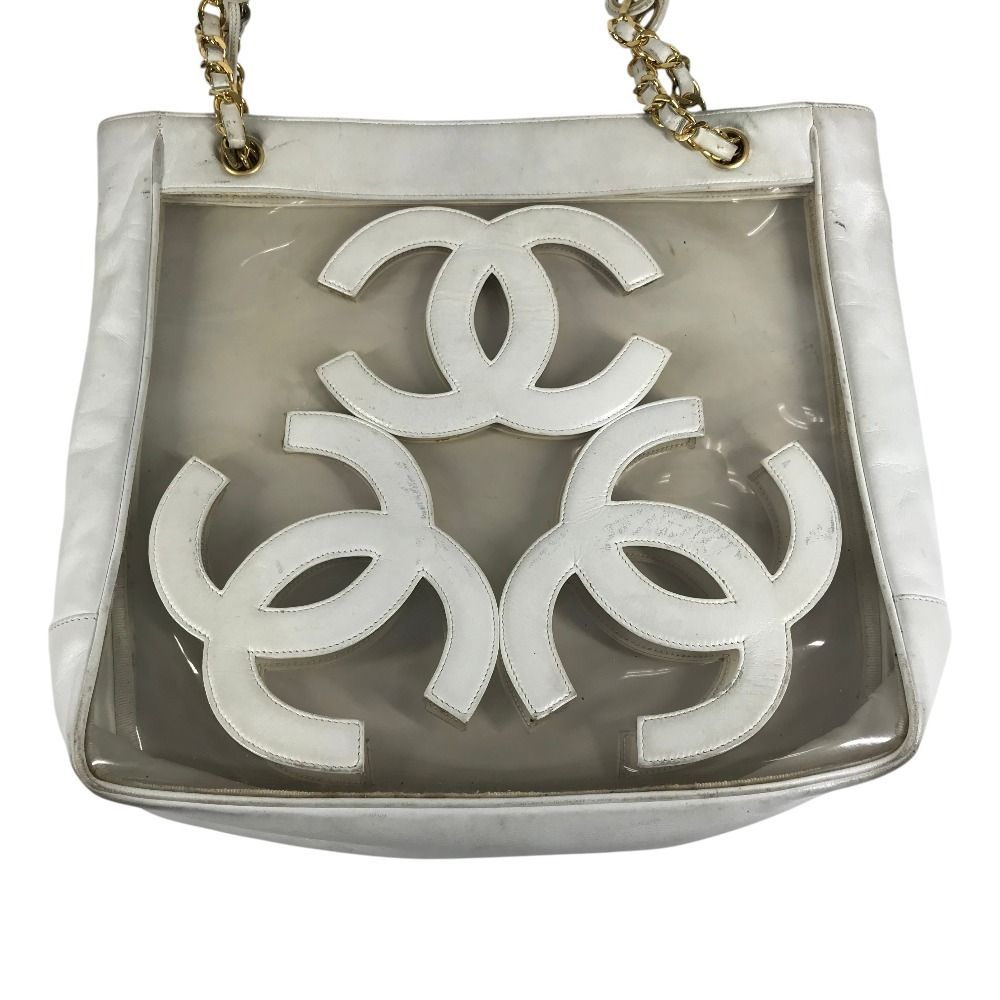 Chanel Shoulder Bag CC Logo Triple Coco Chain Vinyl Leather White — view 3