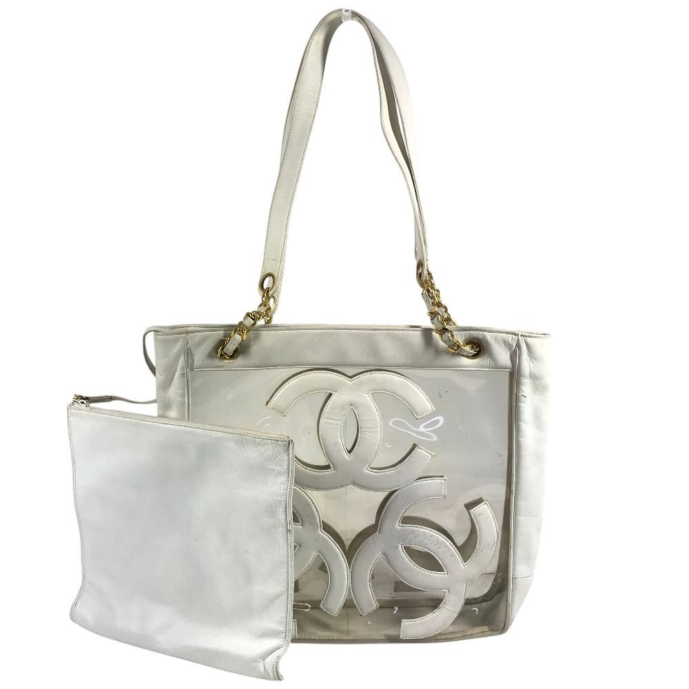 Chanel Shoulder Bag CC Logo Triple Coco Chain Vinyl Leather White