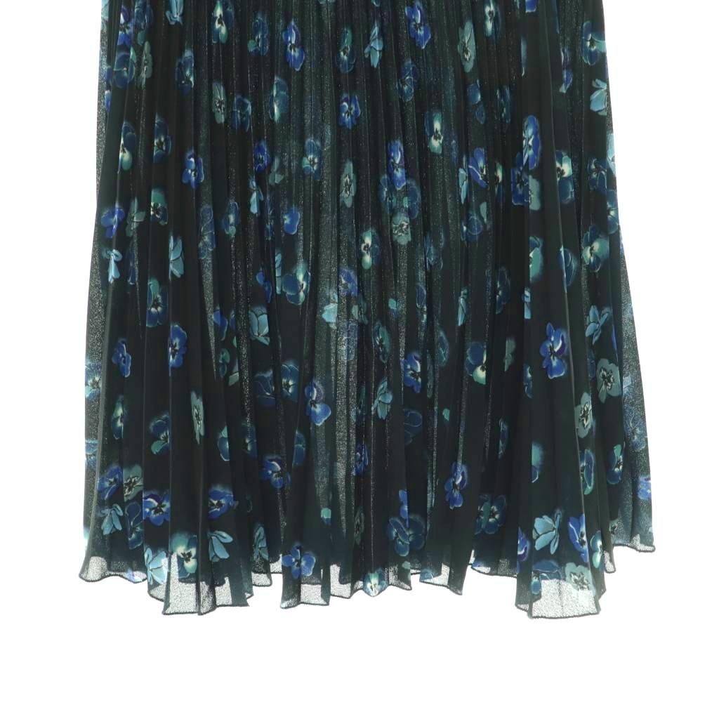 Prada Floral Print Pleated Skirt Knee Length Flare 36 Navy Multicolor DO — view 5
