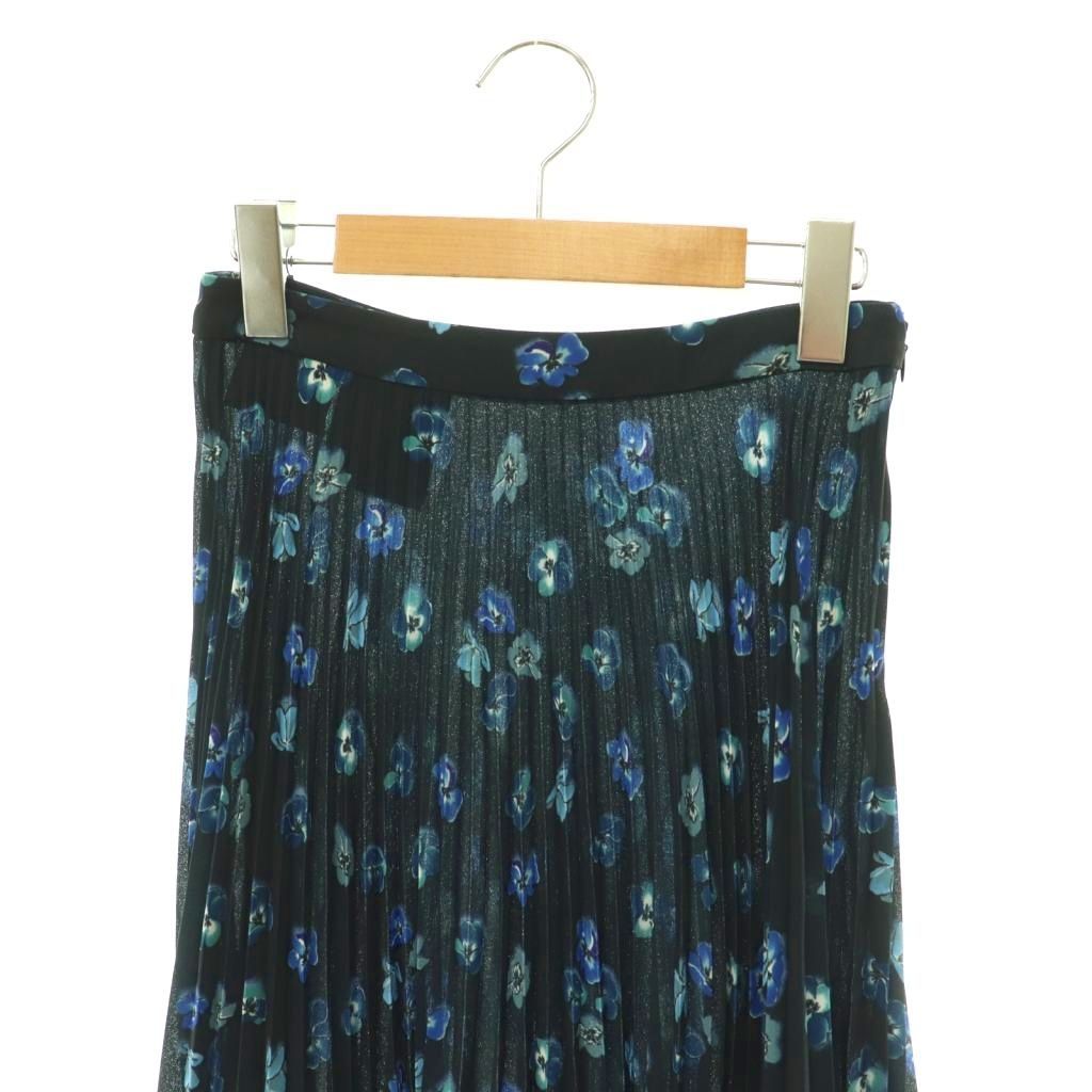 Prada Floral Print Pleated Skirt Knee Length Flare 36 Navy Multicolor DO — view 3