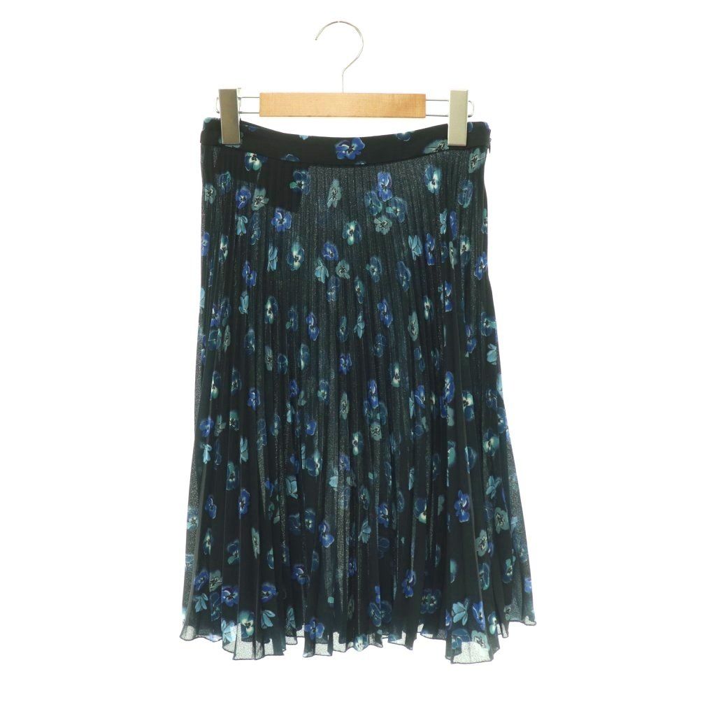 Prada Floral Print Pleated Skirt Knee Length Flare 36 Navy Multicolor DO