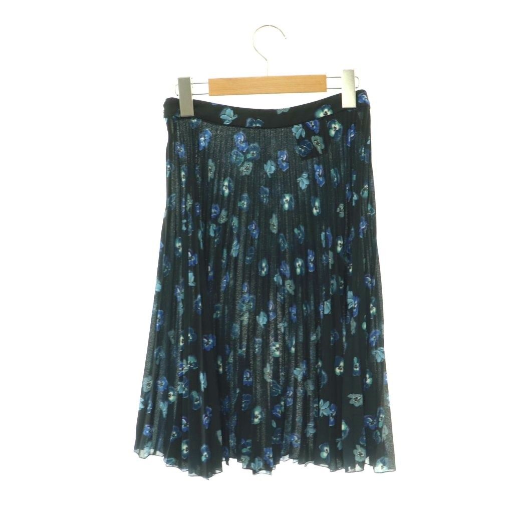 Prada Floral Print Pleated Skirt Knee Length Flare 36 Navy Multicolor DO — view 2