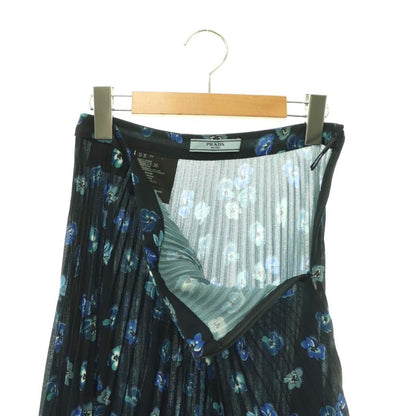 Prada Floral Print Pleated Skirt Knee Length Flare 36 Navy Multicolor DO — view 4