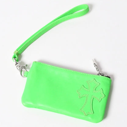 Chrome Hearts Zipper Change Purse Neon Green Leather 925 Sterling Silver Dagger