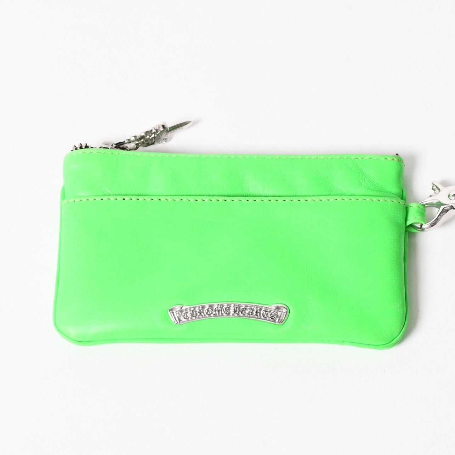 Chrome Hearts Zipper Change Purse Neon Green Leather 925 Sterling Silver Dagger — view 3