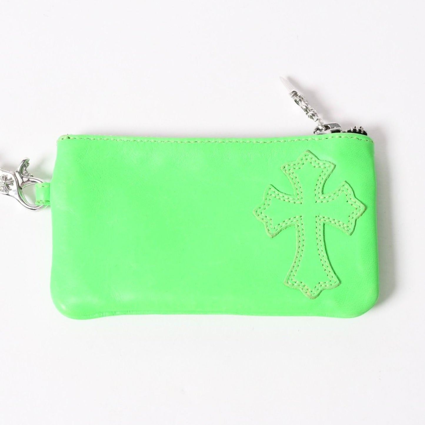 Chrome Hearts Zipper Change Purse Neon Green Leather 925 Sterling Silver Dagger — view 2