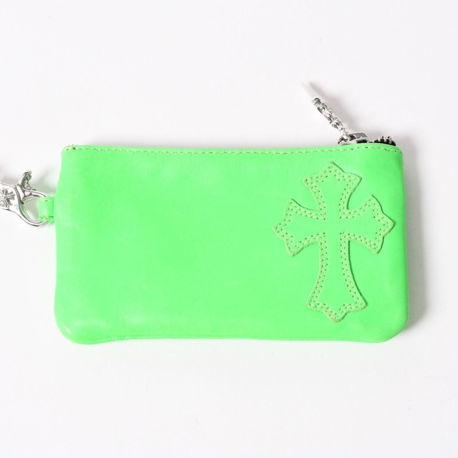 Chrome Hearts Zipper Change Purse Neon Green Leather 925 Sterling Silver Dagger — view 2