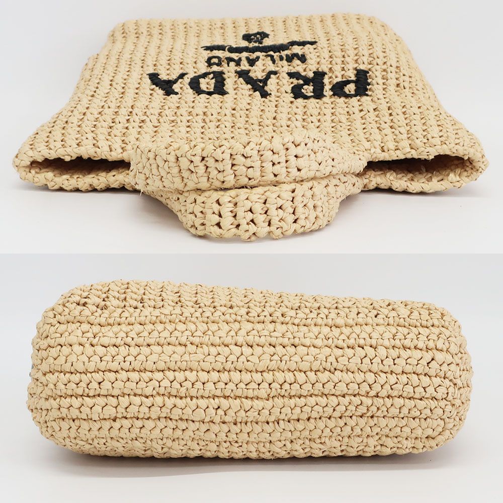Prada Ten Crochet Tote Bag Raffia Natural Triangle Logo Basket — view 3