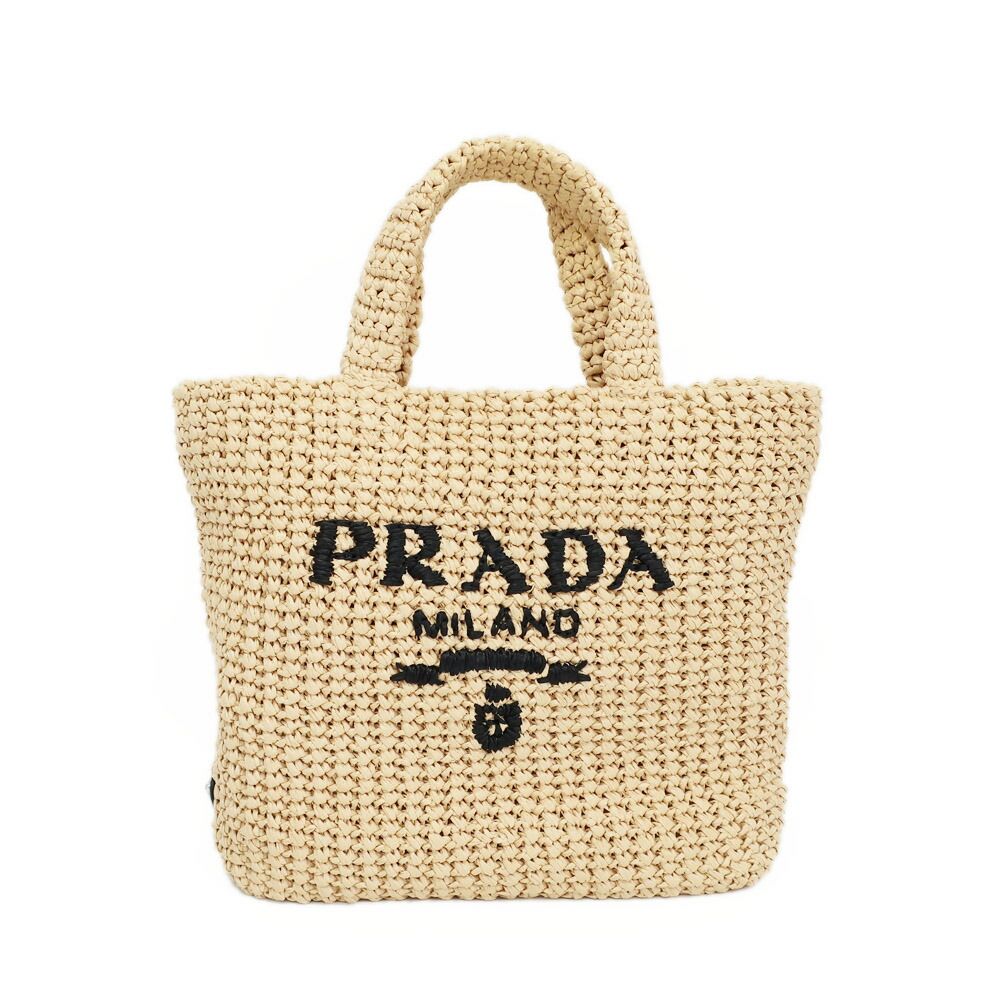 Prada Ten Crochet Tote Bag Raffia Natural Triangle Logo Basket